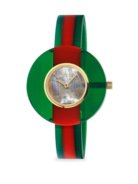 gucci plexiglass watch with green and red motif|Gucci green and red web.